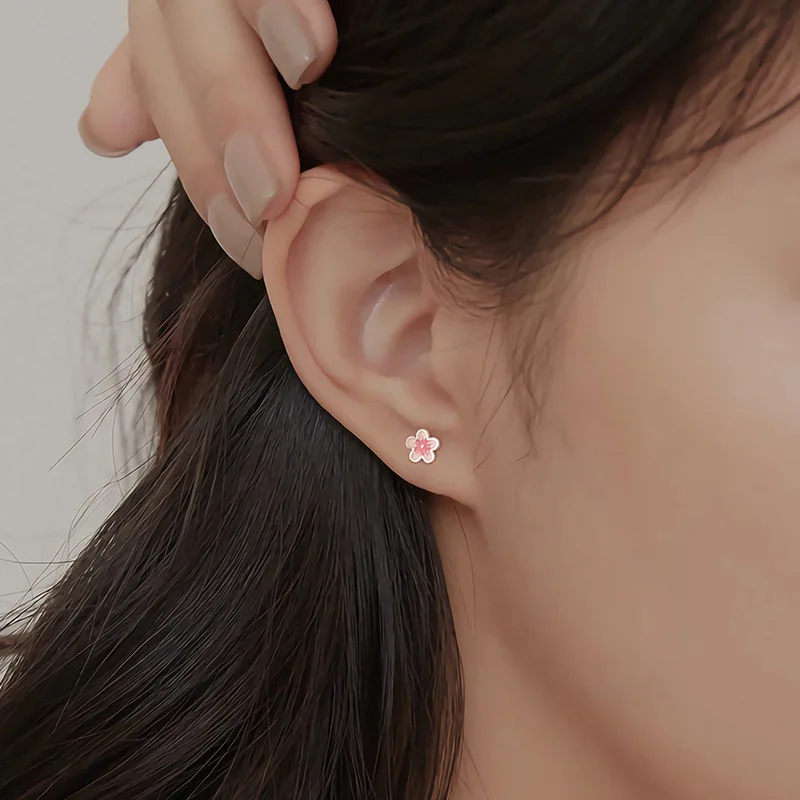 Fashion Pink Enamel Cherry Blossom Earring Women\'s 925 Sterling Silver CZ Flower Stud Earrings Valentine\'s Day Gift Jewelry