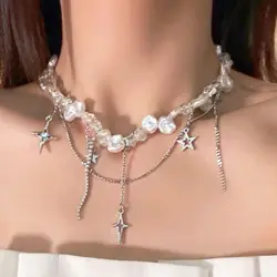 Collar Bone Chain Baroque Choker Necklace Overlay Beads Pearl Chain Choker Jewelry Korean Style Star Clavicle Chain Girls