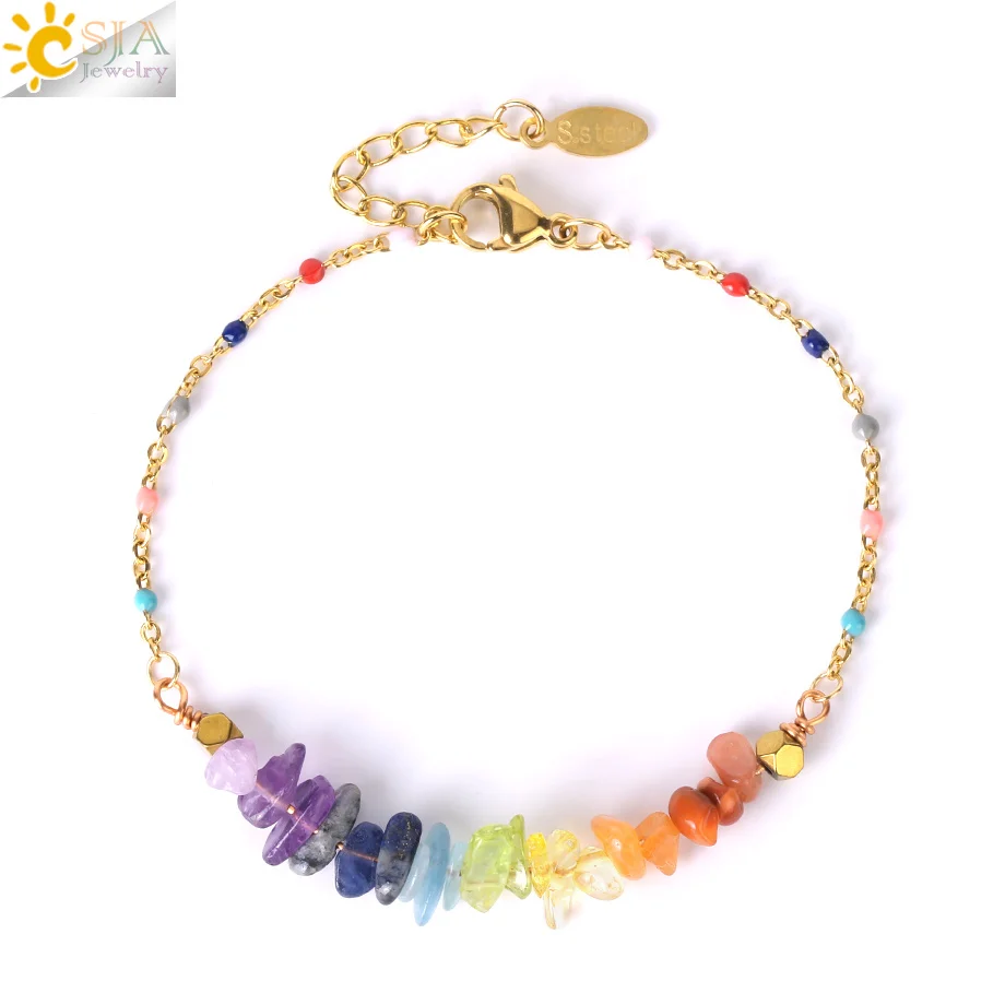 CSJA 7 Chakra Natural Stone Crystal Bracelet for Women Stainless Steel Link Chain Amethysts Chip Crystal Bracelets Jewelry H016