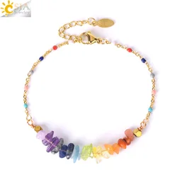 CSJA 7 Chakra Natural Stone Crystal Bracelet for Women Stainless Steel Link Chain Amethysts Chip Crystal Bracelets Jewelry H016