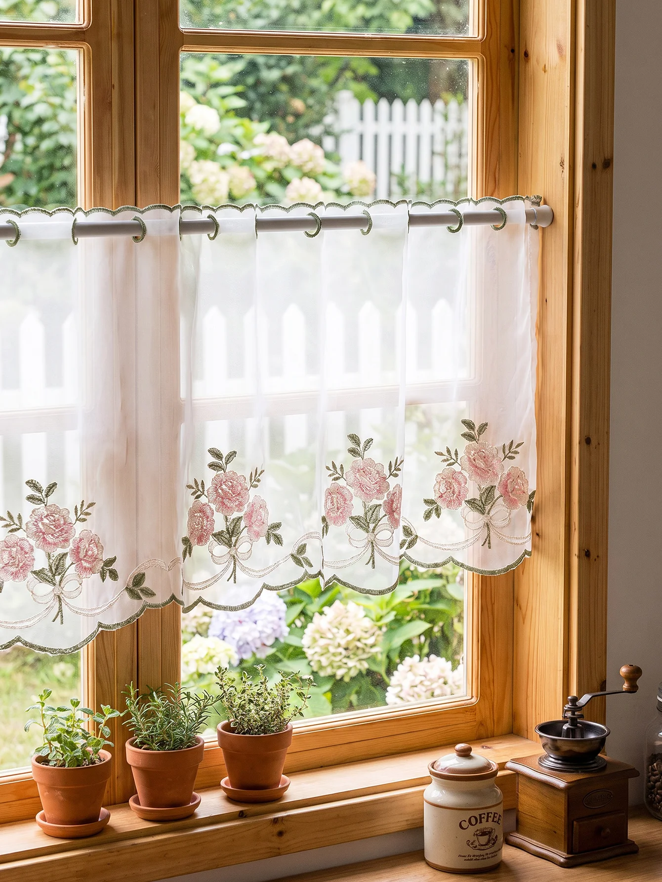 Vintage Pink Rose & Bow Embroidered Sheer Valance, Grommet Short Curtain for Cottage Kitchen Window Decor