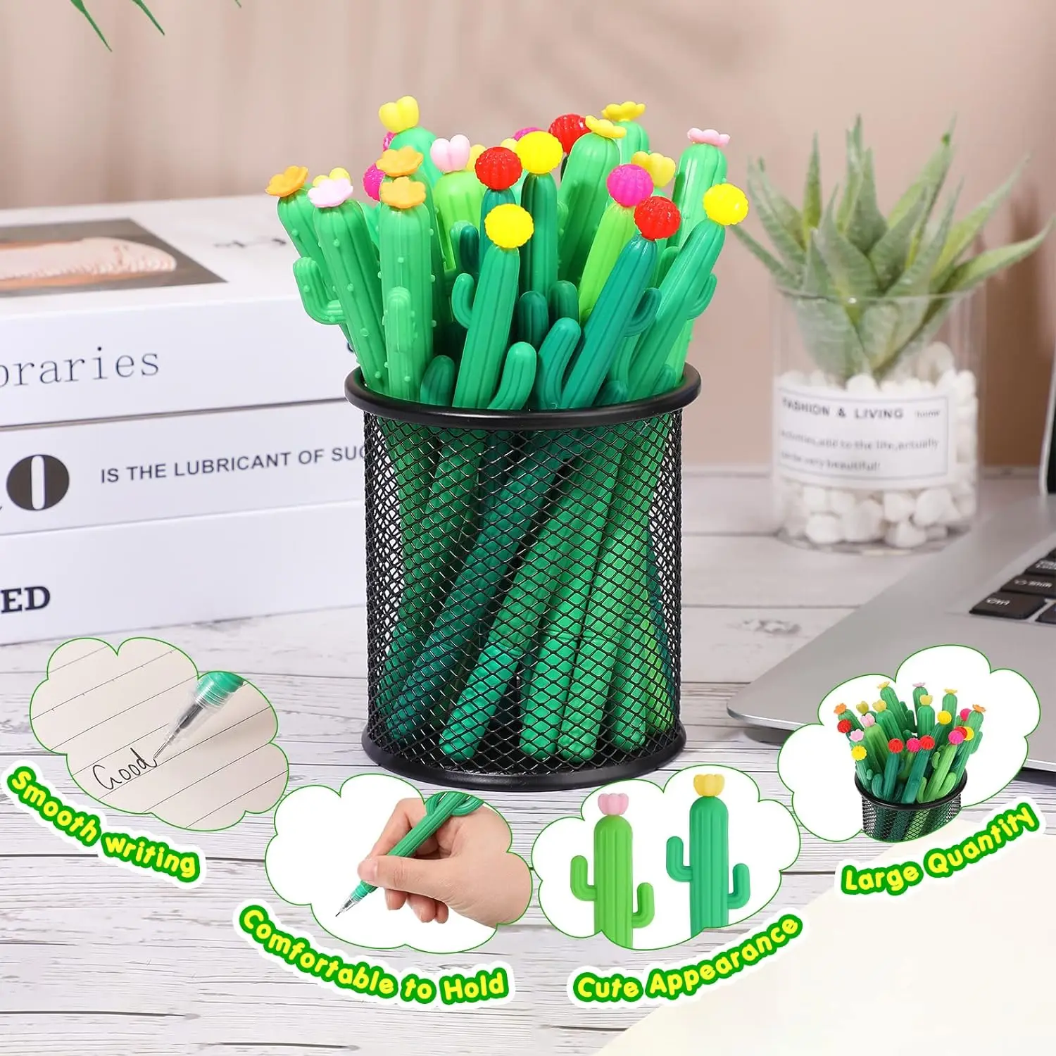 24 Pcs Cactus Pens Cactus Shape Rollerball Ballpoint Pens Cute Writing with Flowers Writing for School Home Office Supplies