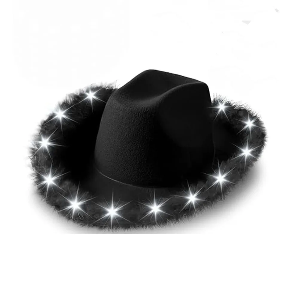 Fashion Feather Edge Led Cowboy Hat with LED Light Solid Color Light Up Cowgirl Hat Costume Hat Party