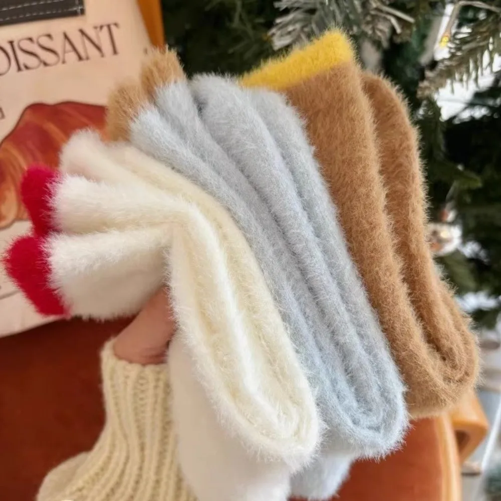 

Soft Colorblock Mink Velvet Socks Thicken Thermal Floor Sock Winter Warm Anti-slip Fluffy Mid Socks