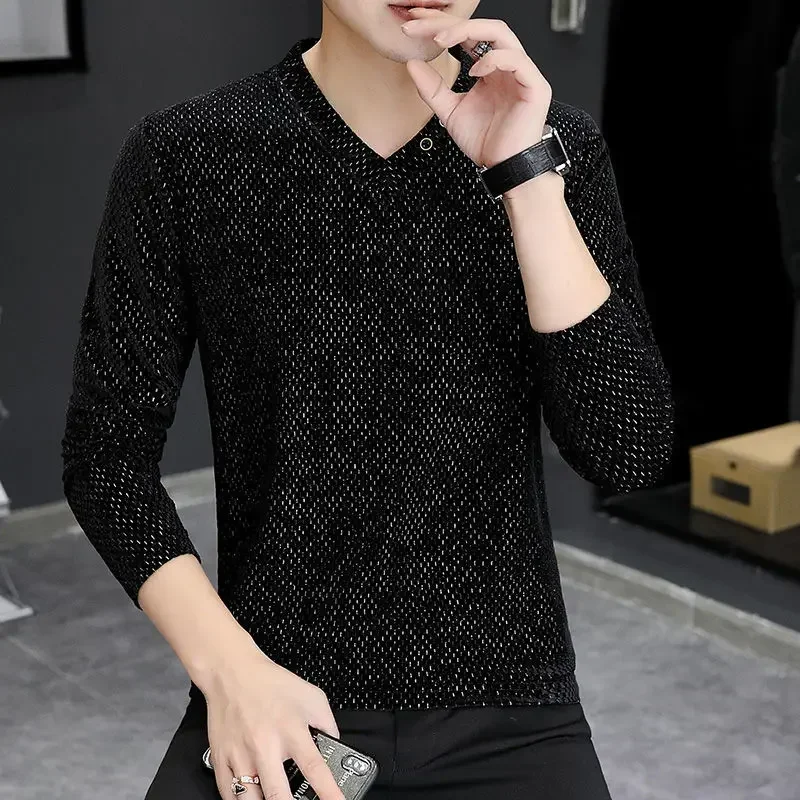 Male Clothes Black T Shirts for Men V Neck Tops Slim Fit Buttoned Tight Bulk Korean Autumn High Quality F Tee Long Sleeve New A