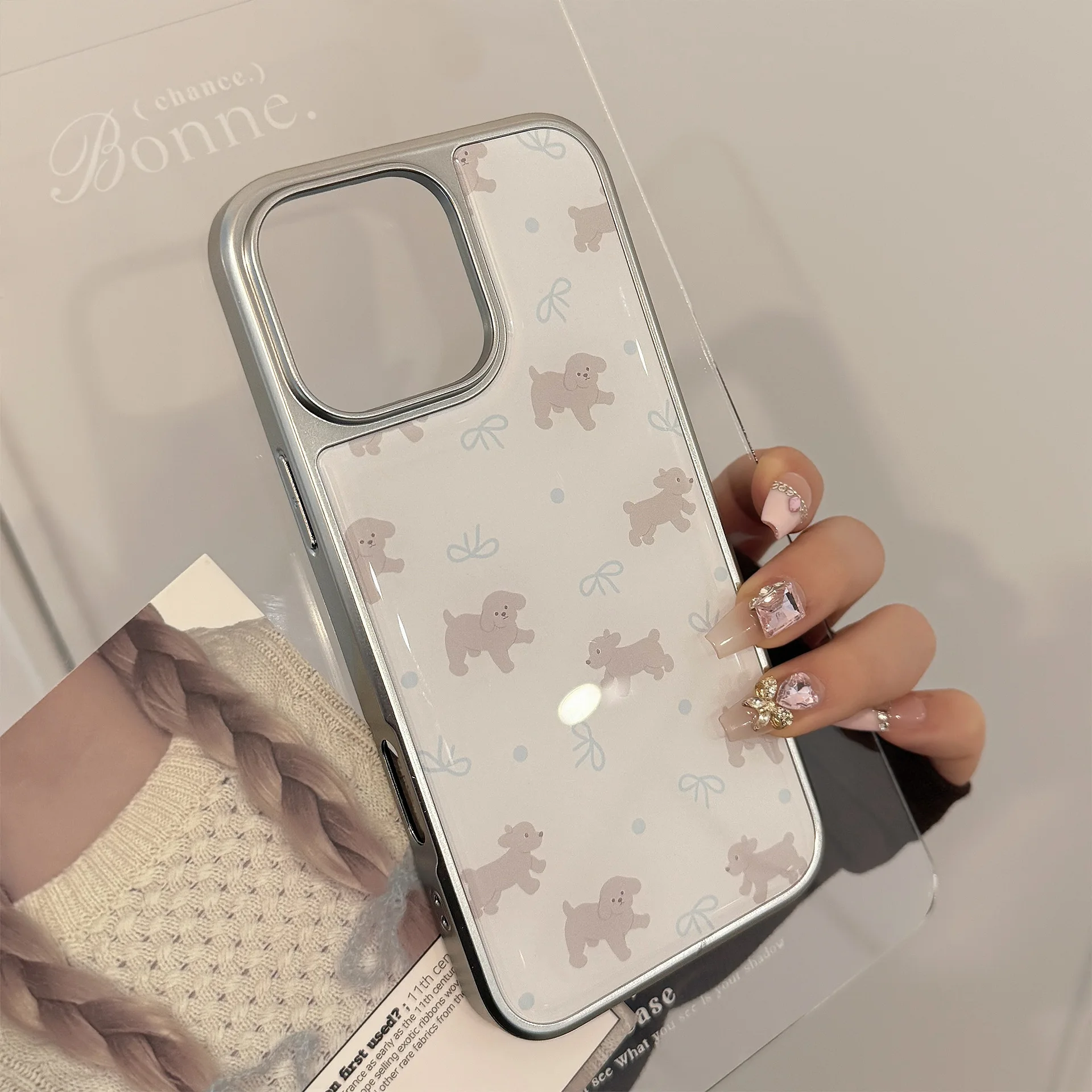 Koreanische Cartoon Teddy-Welpen Handyhülle mit Tropfenkleber und Silberrand für iPhone 17 16 15 14 13 12 Pro Max Stoßfeste Hartschale