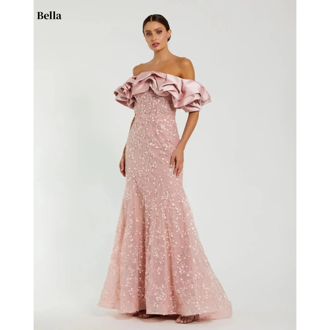 Bella personalizzato rosa paillettes sirena al largo della spalla robes de soirée abiti da festa senza schienale abito da ballo senza spalline lungo fino al pavimento