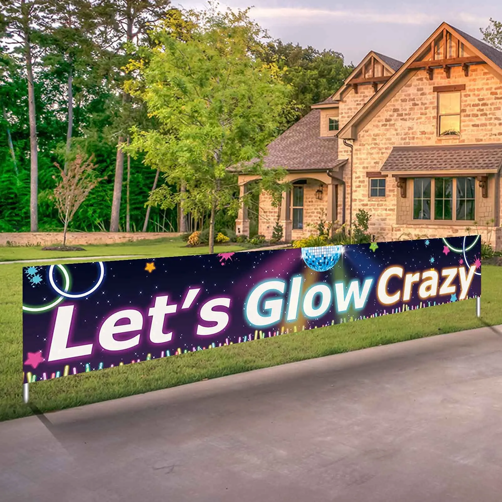 Let’s Glow Crazy Banner Party Supplies Neon Birthday Door Banners Decor Sign with 4 Holes Photography Backdrops Outdoor Indoor