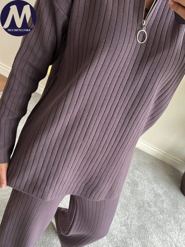 Women's Long Sleeved Knitted Sweater and Loose Pant Set, Elegant Tops, Zipper Suits, Casual, Fashionable, Autumn, Winter, 2 Pcs