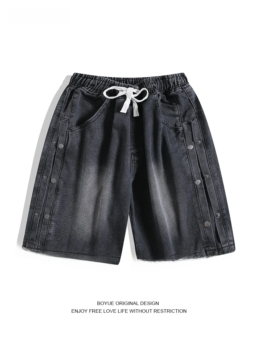 

Boyue American Style Button Washed Denim Shorts Casual Trendy Drawstring Teenage Handsome Five-Point Pants Men's Clothing