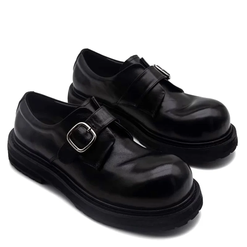 Men's Platform Leather Shoes Ultra-soft buckle Strap Shoes Men Black Round-toe Genuine Leather Loafers Slip-on Dress Shoes