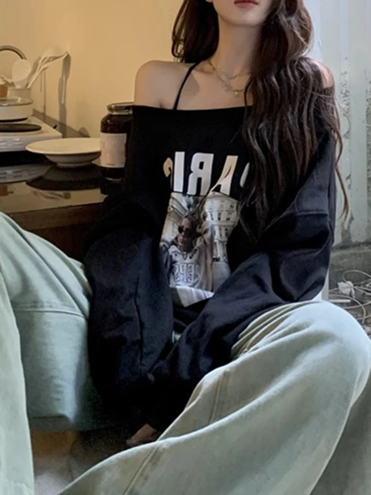 Y2K Amerikanischen Hip Hop Frauen Badeanzug Sexy Schwarz Off Schulter Langarm Retro Druck Lose Übergroßen Vielseitig Top Winter Mode