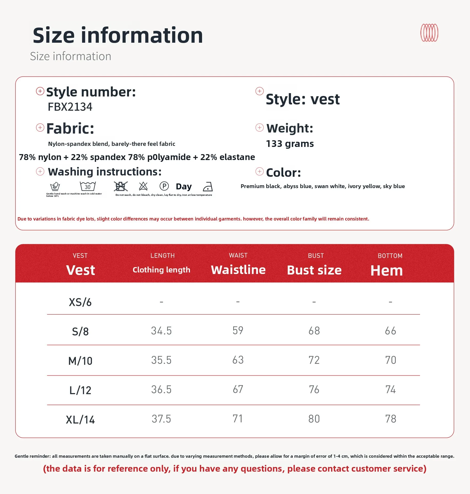 Size chart and fit details