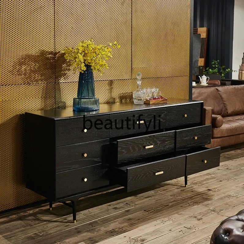 

02 Nordic all solid wood dining side cabinet in antique smoke color, locker retro industrial style