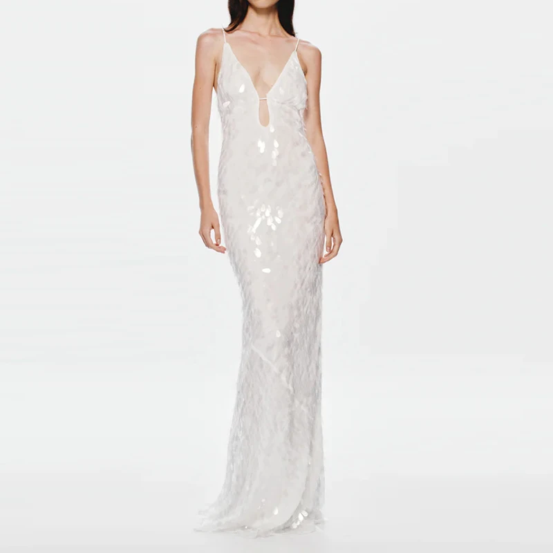 Zomer cocktailparty slim fit paillettenjurk dame sexy mouwloze jarretel hoge taille jurk laag uitgesneden effen kleur strand lange jurk