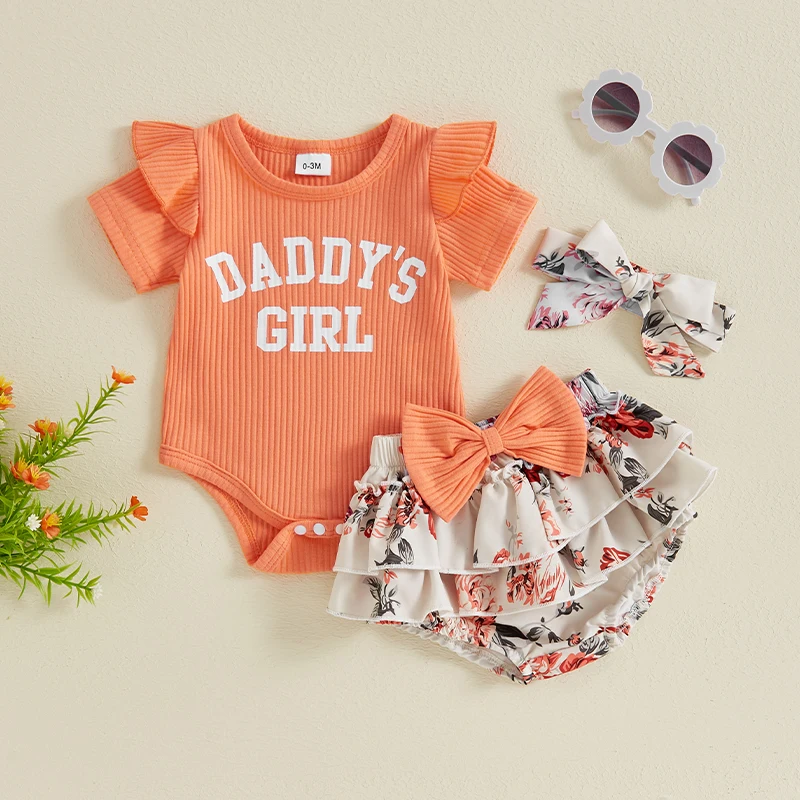 

Suefunskry Baby Girl Summer Outfit Ruffled Short Sleeve Letter Print Ribbed Romper with Floral Tiered Ruffle Shorts and Headband