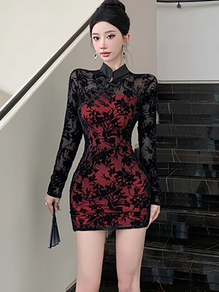 2024 vermelho retalhos preto malha pura sexy clube vestido feminino elegante falso duas peças mini dreess outono inverno coreano vestido de noite