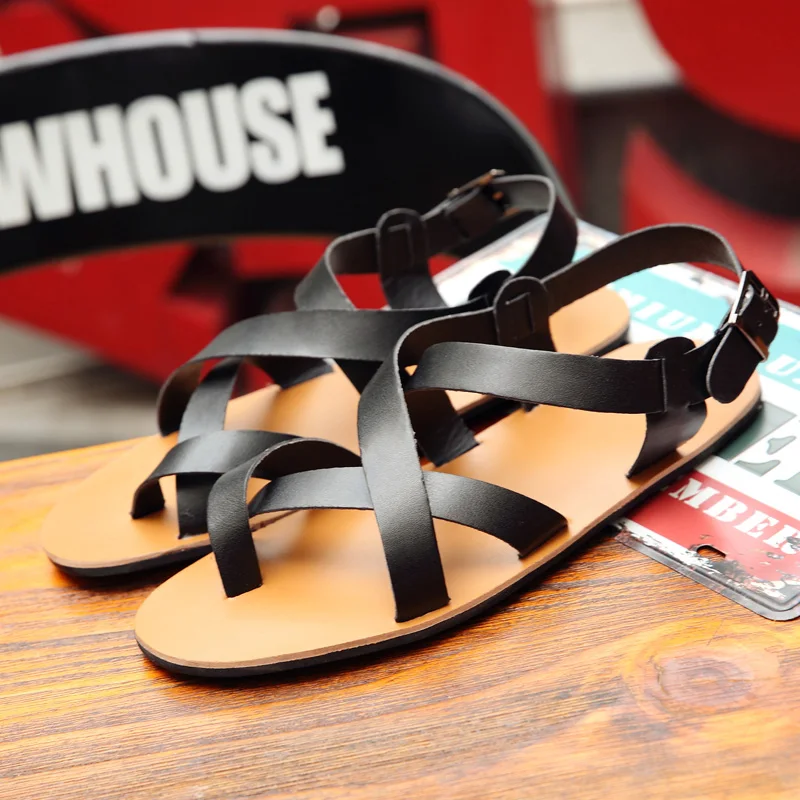 

Мужские удобные дышащие кожаные сандалии, летние римские тапочки для прогулок, повседневная одежда