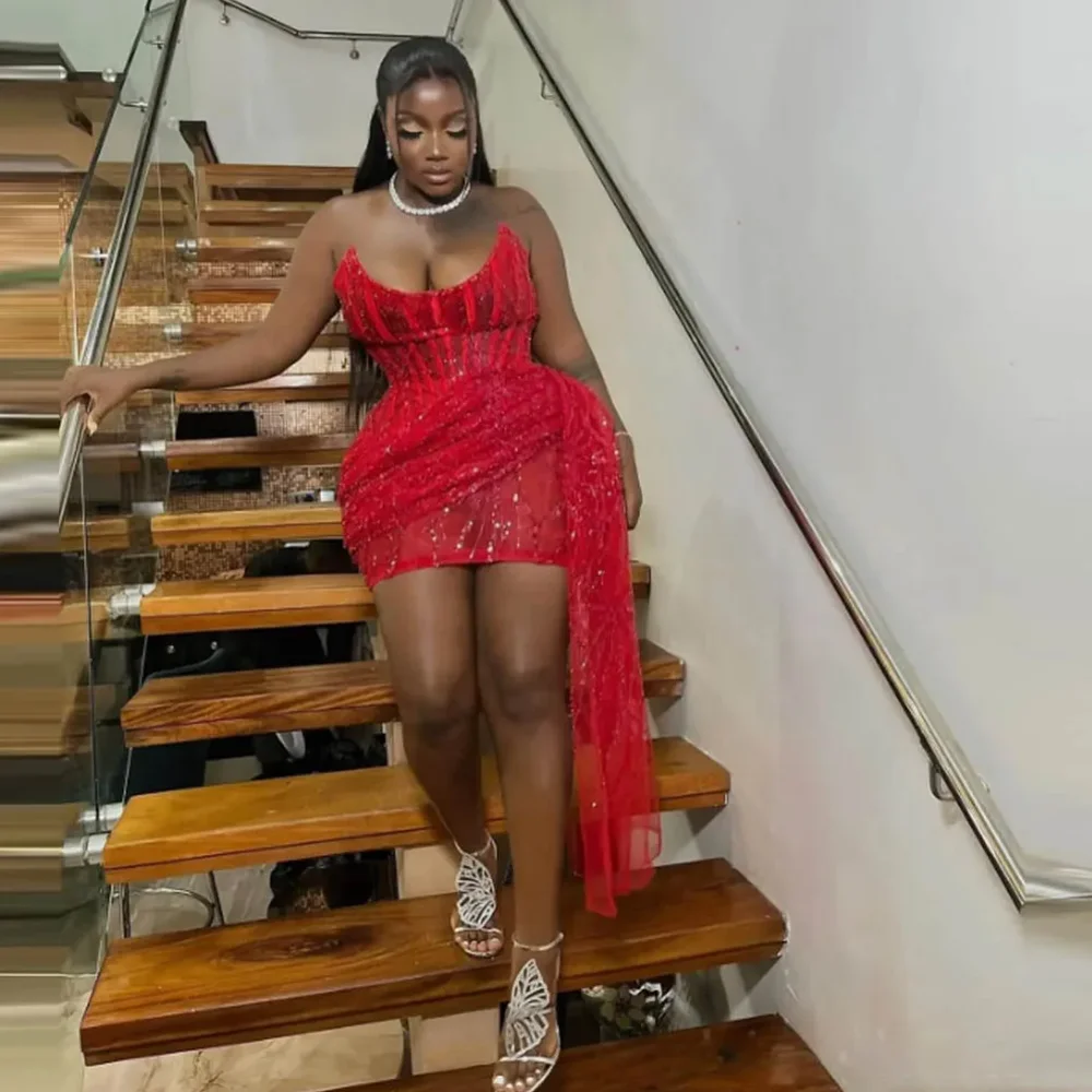 

Africa Red Cocktail Dresses for Women Strapless Bodycon Mini Sequined Lace Short Black Girls Birthday Party Gowns Customized