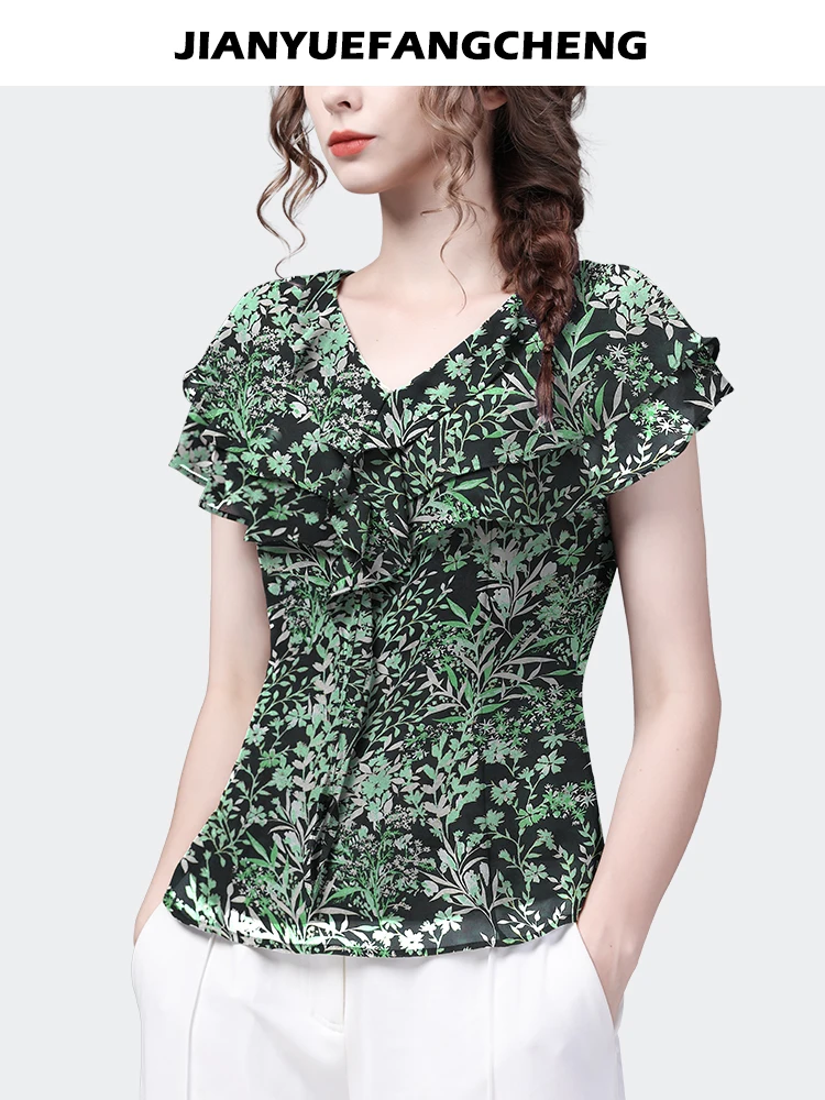 Fashion Green Plants Printed Women Short Sleeve Chiffon Blouse 2023 Summer New V-neck Slim Ruffles Tops Chic Cinch Waist Shirts