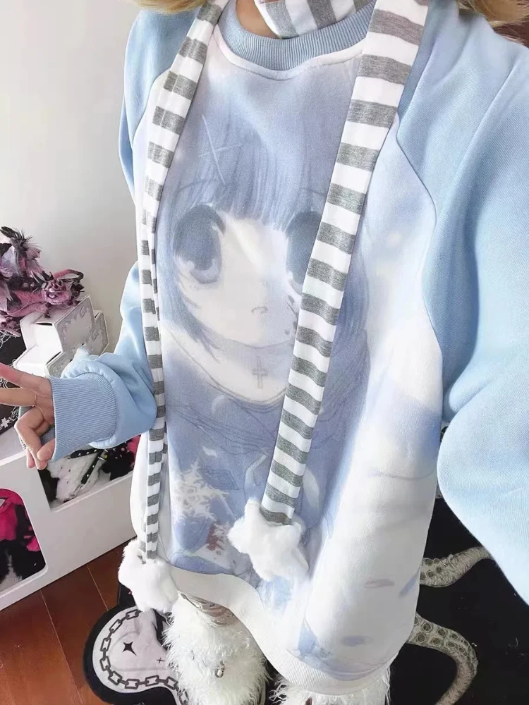 ญี่ปุ่นอะนิเมะพิมพ์เสื้อกันหนาวผู้หญิงฤดูใบไม้ร่วงฤดูหนาว O คอหลวมเสื้อแขนยาว Casual Y2k ความงาม Hoodie Ins