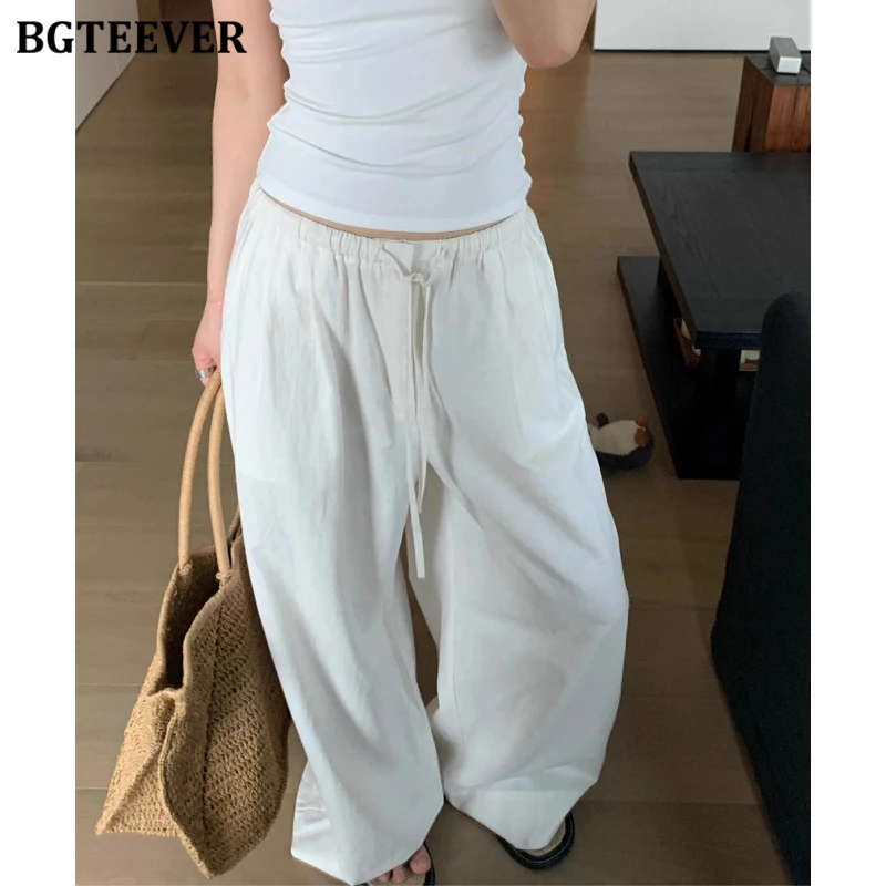 

BGTEEVER Spring Summer Lace-up High Waist Female Wide Leg Trousers Casual Loose Pockets Women Cotton Linen Straight Pants
