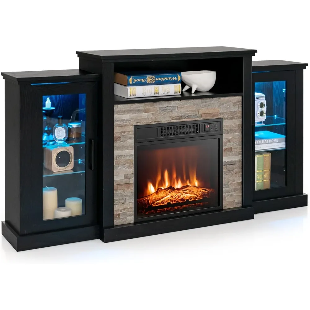 

Tangkula Electric Fireplace TV Stand, Electric Fireplace Mantel with 16-Color Led Lights, Adjustable Glass Shelves, Remote & Sma