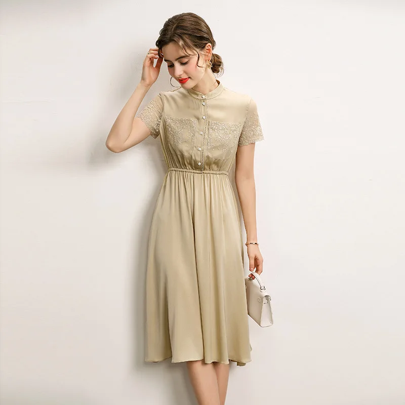 Mulberry Silk Midi Dress for Women, Short Sleeve, Floral Patchwork, Stand Collar, Elastic Waist, Office Lady, Summer