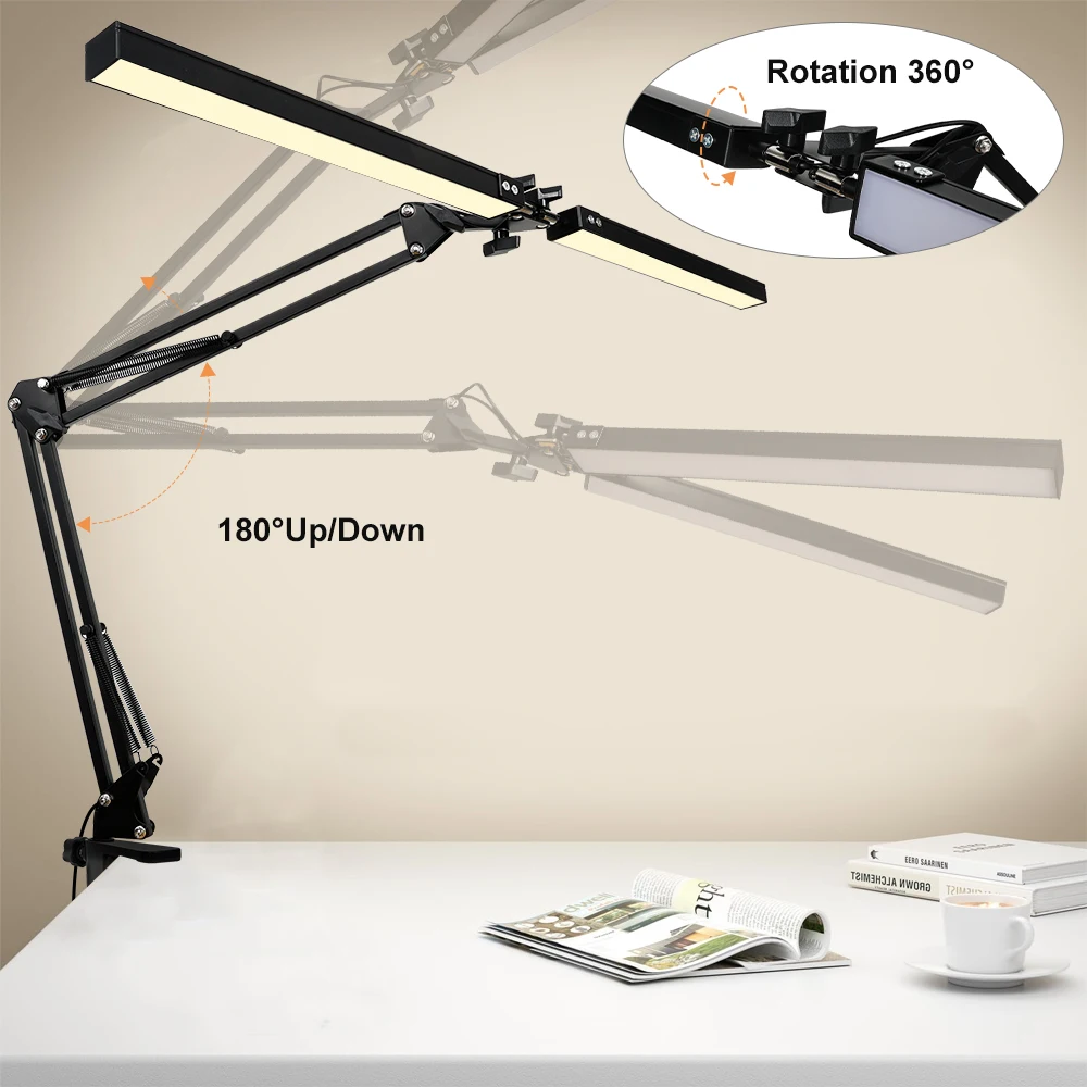 24W 160LEDs Task Lamp Reading Adjustable Eye-Caring Desk Light with Clamp Swing Arm Lamp for Home Office 360°Spin with Adapter