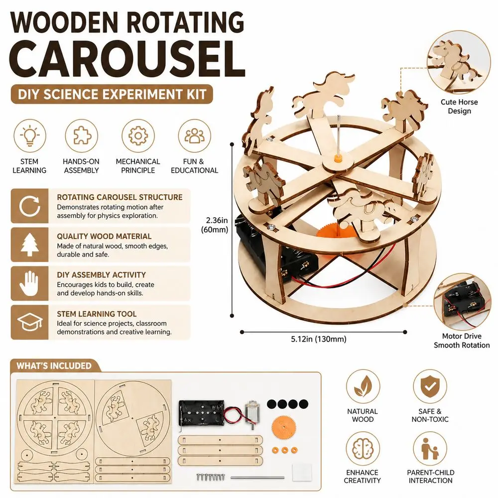 3D Wooden Carousel Model Hands-On Assembly Physics Demonstration Rotating Carousel Model Horse Figure Puzzle Group Model Set
