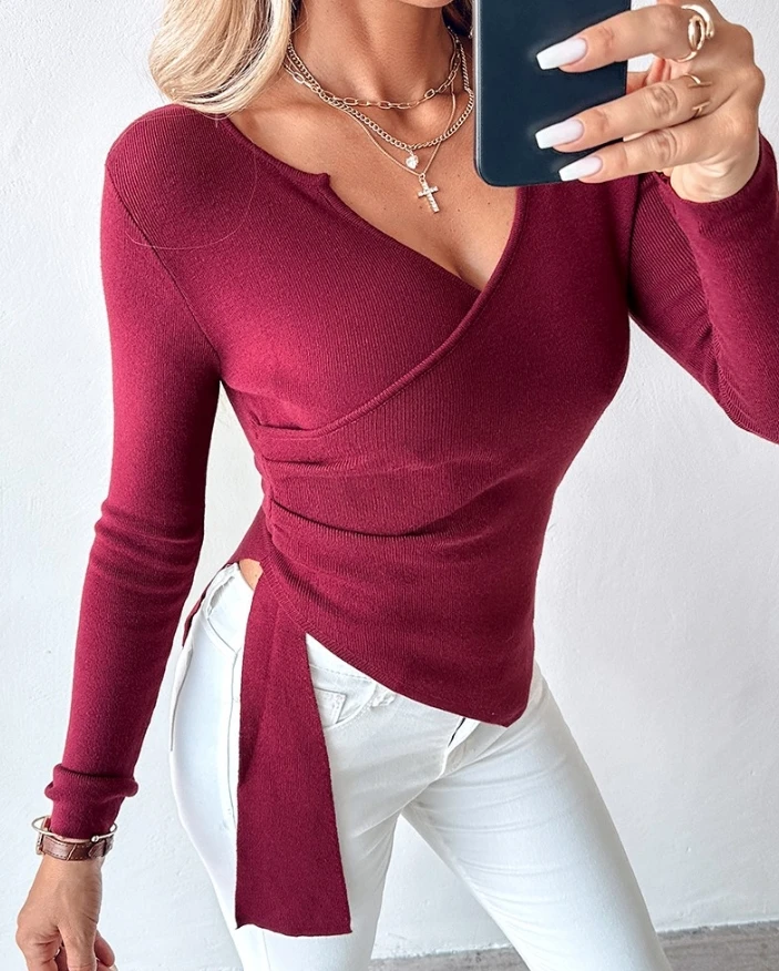 Women's Sexy Elegant Pullover 2024 Autumn Winter Latest Solid V-Neck Long Sleeve Ruched Asymmetric Hem Knit Sweater Tight Top