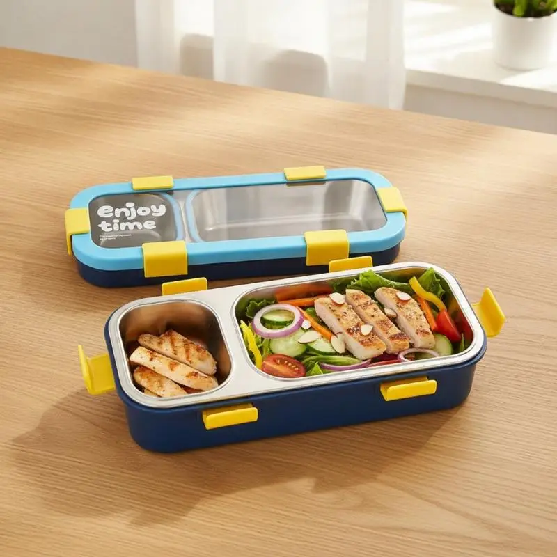 Rectangular Shape Stainless Steel Rice Box Well-Sealed Inner Layer Removable Divided Compartments For Students And Office Use