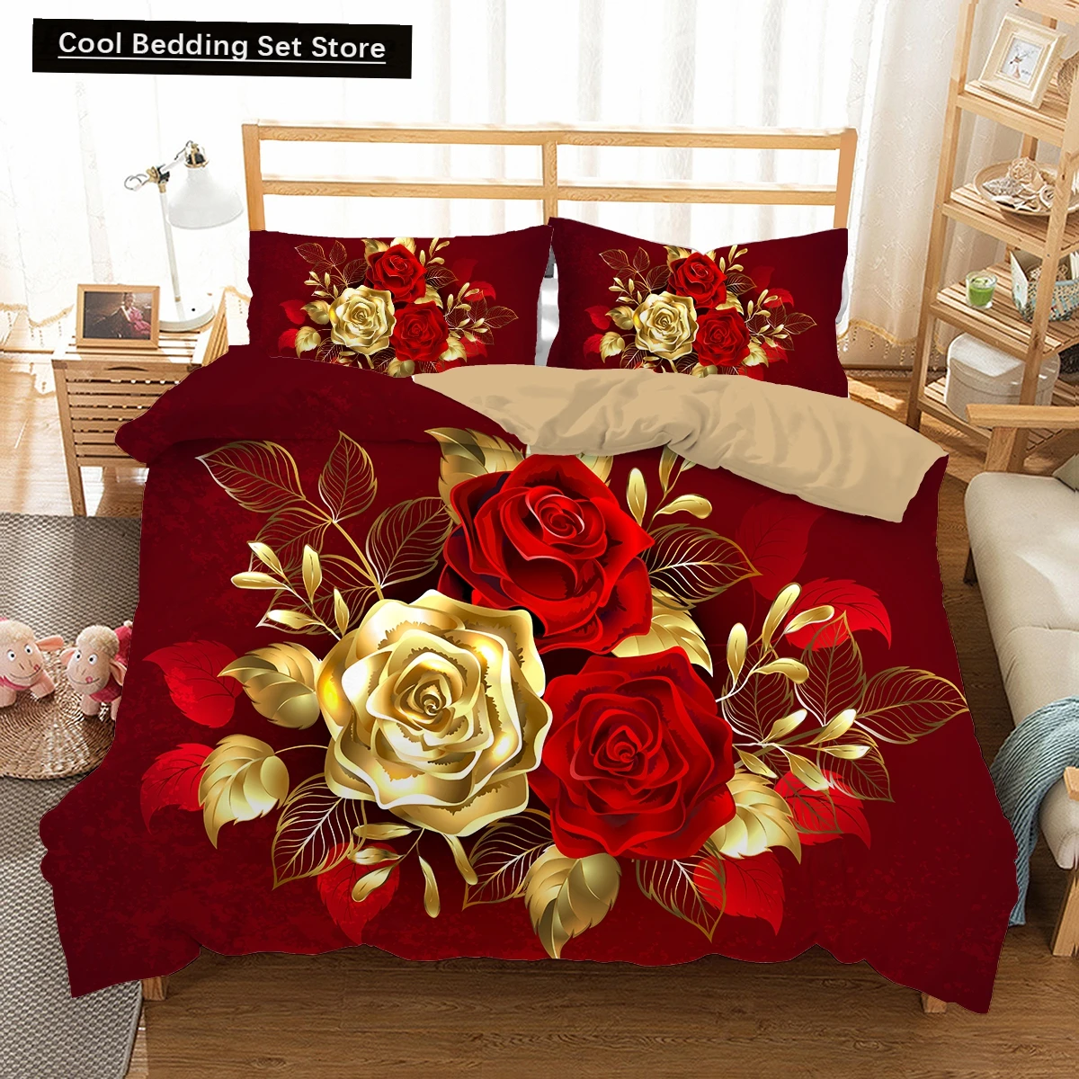 Golden Red Rose King Queen Duvet Cover Romantic Floral Bedding Set Valentine's Day Flowers Quilt Cover Polyester Comforter Cover