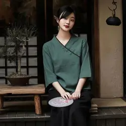 Big Size Chinese traditional coat women oriental solid color cotton linen vintage hanfu top tea art oriental tang suit loose top