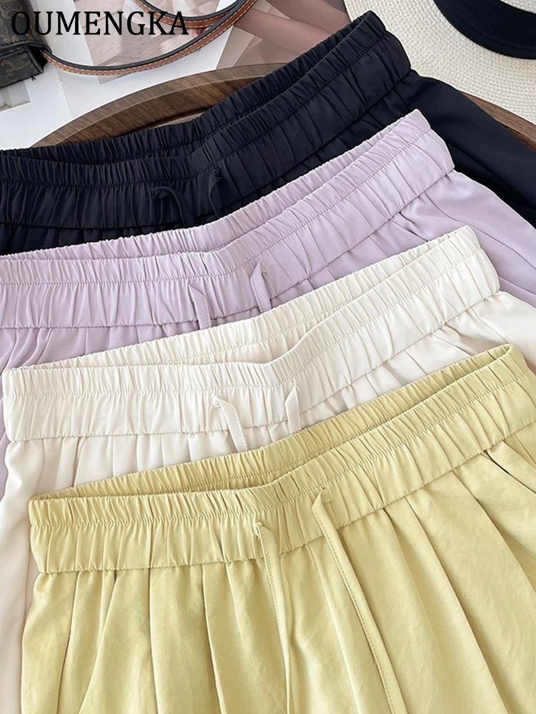 OUMENKA بنطلون نسائي صيفي كاجوال رفيع بطول الكاحل مريح يسمح بمرور الهواء بخصر مطاطي وحزام للارتداء اليومي مع جيب