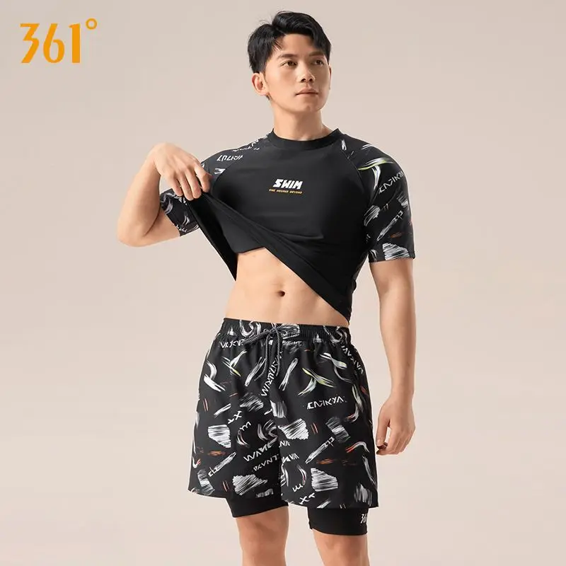 361Men 2Pcs Long/Short Sleeve Professional Quick Dry Beach Shirt Trunks Quick-Dry Surfing Rash Guard Board Sports Swim Shorts