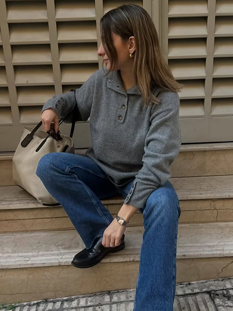 Half High Collar Striped Loose Knit Pullover for Women Buttons Long Sleeve Casual Streetwear Versatile Sweater Top