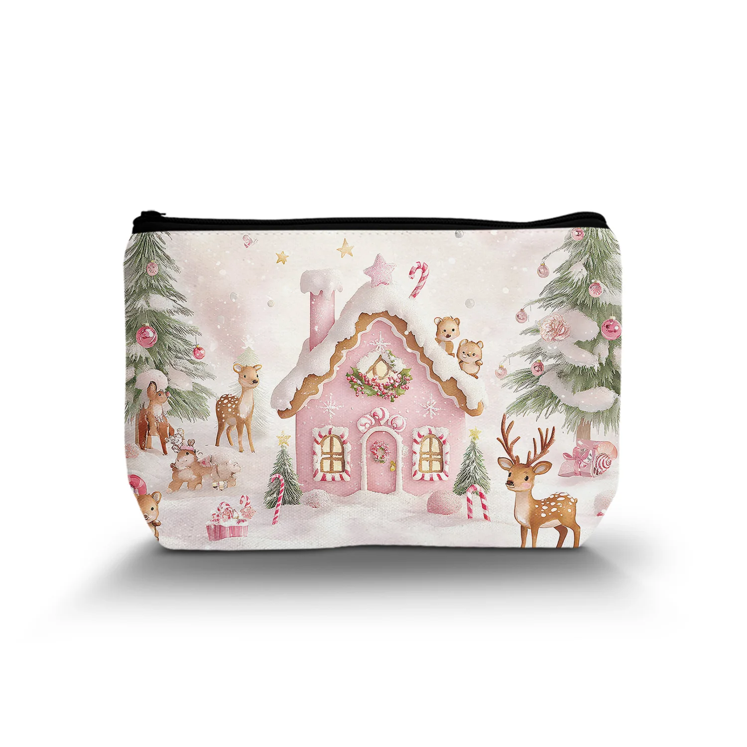 1Pc Christmas Backdrop Cosmetic Bag Pink Gingerbread Candyland House Christmas Scene Xmas Holiday Party Cosmetic Bag