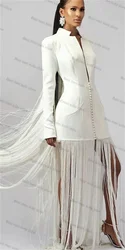 White Tassel Women Suit 1 Piece Long Blazer Wedding Tuxedo Luxury Tassel Jacket Tailored Full Sleeves Office Lady Coat