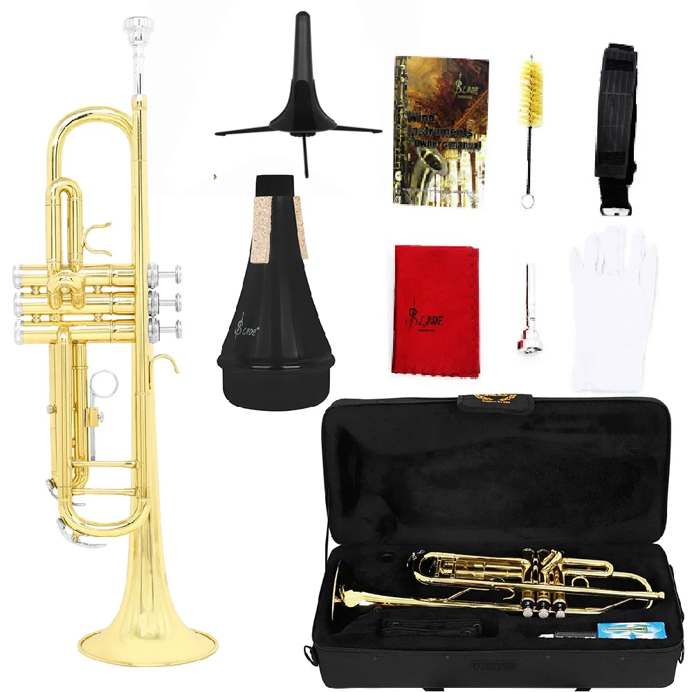 

Trumpet Bb B Flat Brass Gold Exquisite Durable Musical Instrument with Mouthpiece Bracket Weak Speaker Gloves Strap Case