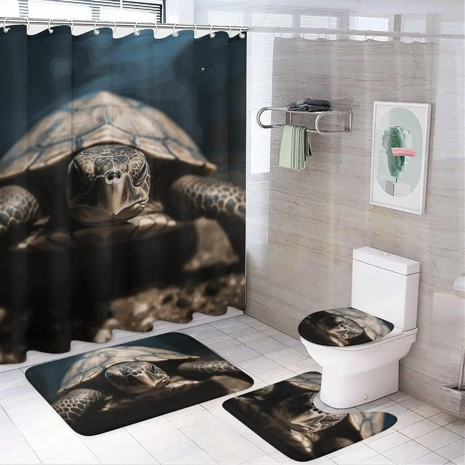 

Animal Tortoise Shower Curtains Set 4 Piece with Non-Slip Rugs, Toilet Lid Cover and Bath Mat Soft Bathroom Carpet Waterproof