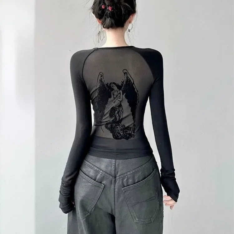 MEXZT Y2K Black Mesh T Shirts Women Aesthetic Sexy Print Crop Tops Summer Harajuku Gothic Long Sleeve Patchwork Slim Tees New