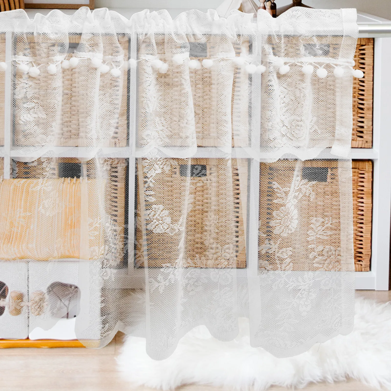Window Valance Lace Farmhouse Kitchen Curtain Bedroom Living Room Short Curtains Balloon Shade Tie-Up Design Sun Glare Reducing