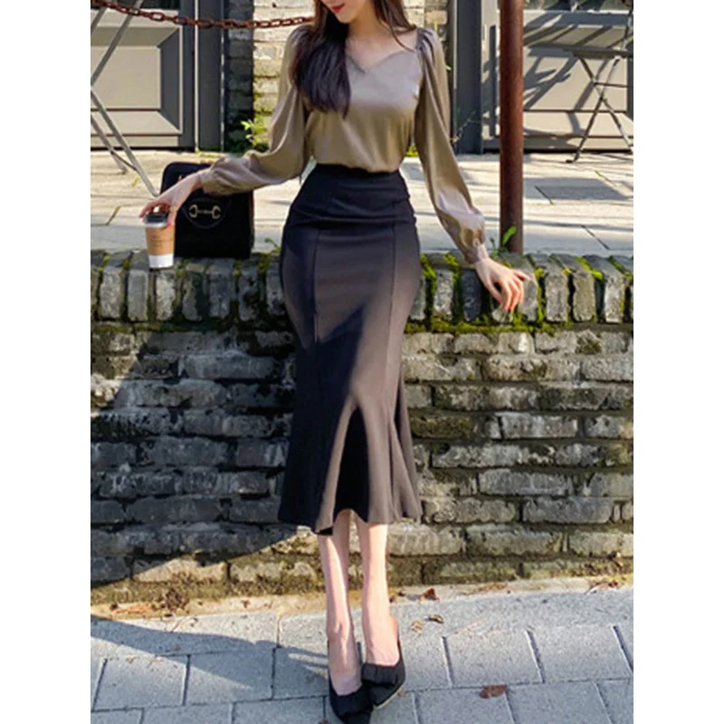 High Waist Slimming Sheath Skirt Temperament Skirt All-Match Fishtail Skirt Female Spring and Autumn Mid-Length Professional Ski