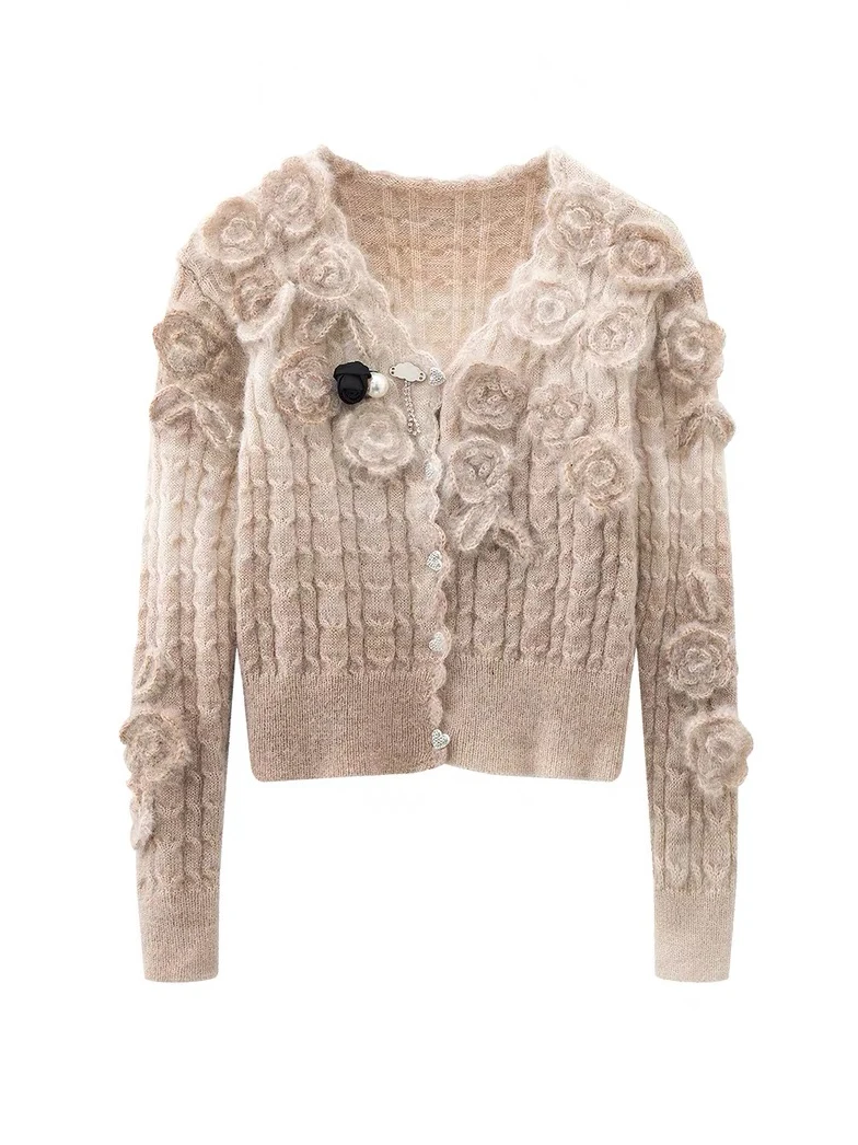 Luxury Designer Brand Mohair Knitted Cropped Cardigan for Women Long Sleeve 3D Flower Twists Short Y2K Sweater Coat C-125