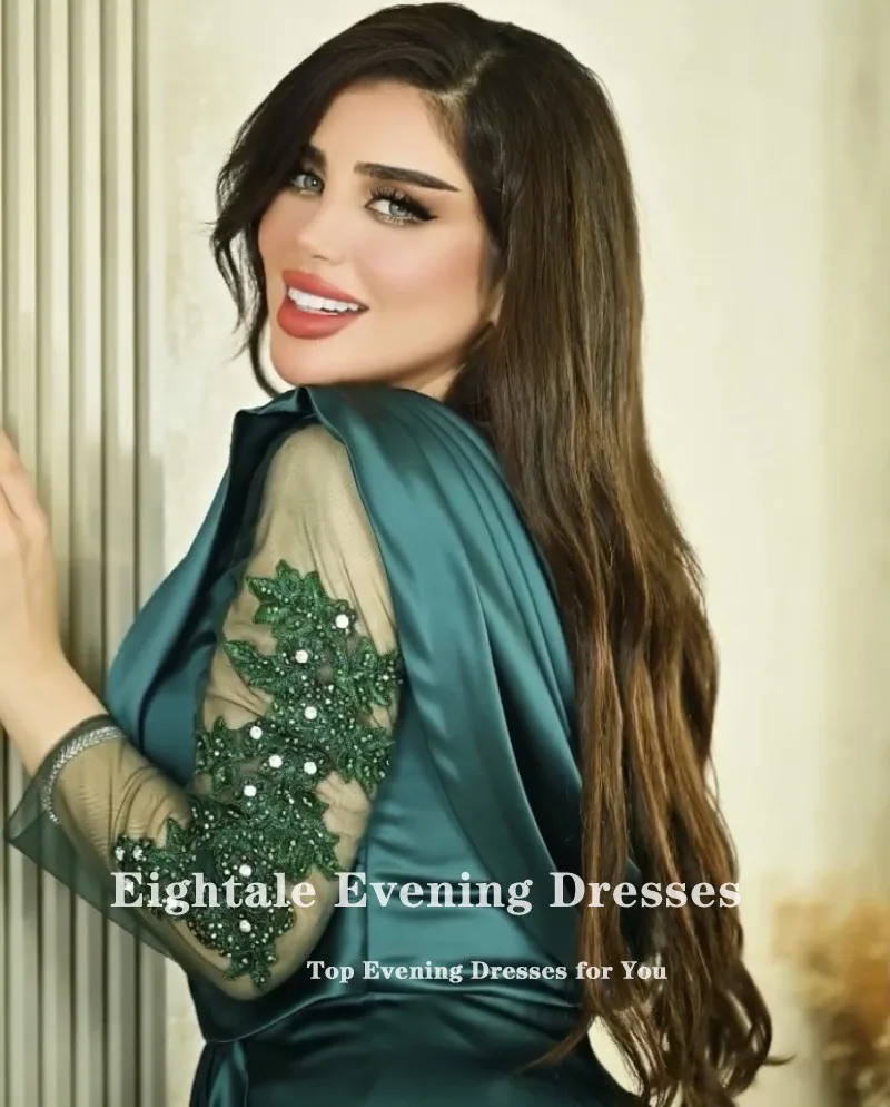 Eightale Arabic Evening Dress V-Neck Appliques Beaded Long Sleeves Dark Green Formal Customized Prom Party Gowns robe de soirée