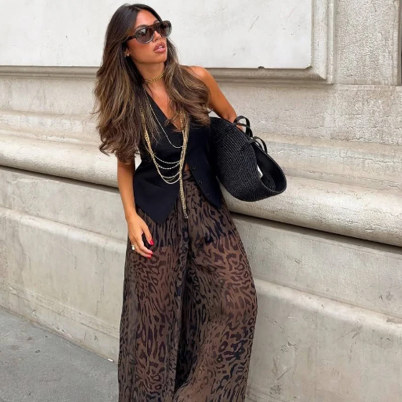 HXAO السراويل الفضفاضة السيدات الحيوان طباعة البنطلونات السراويل للمرأة خمر الطيات شبه شير بالازو السراويل الخريف السائل بنطلون #2