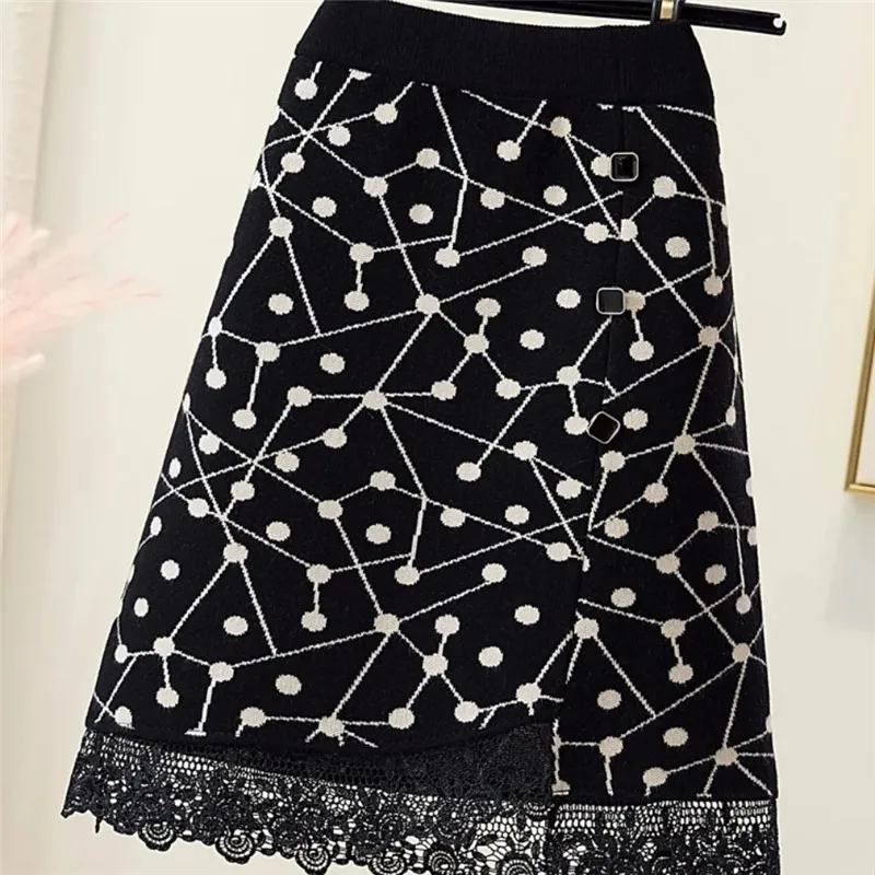 Skirts Womens 2023 Autumn/Winter New Lace Splicing Skirt High Waist Vintage Plaid Knitted A-Line Short Skirts Faldas Mujer Moda