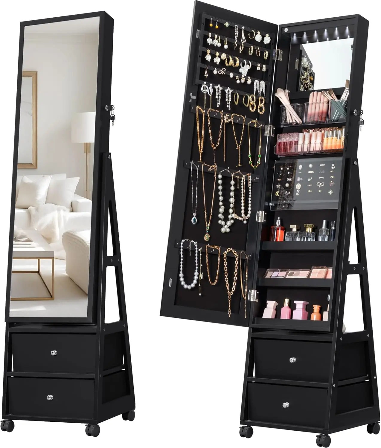 360° Swivel Mirror Jewelry Cabinet with Lights, Full Length Mirror Jewelry Armoire Organizer, Standing Lockable Jewelry Cabinet