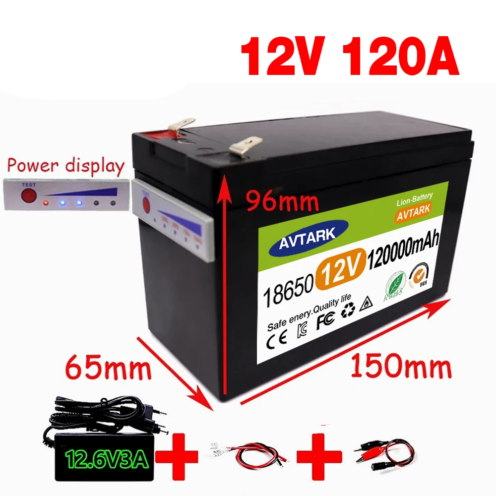 12V 120Ah 18650 lithium battery for Solar Panels 30A built-in high current BMS electric vehicle battery +12.6V charger